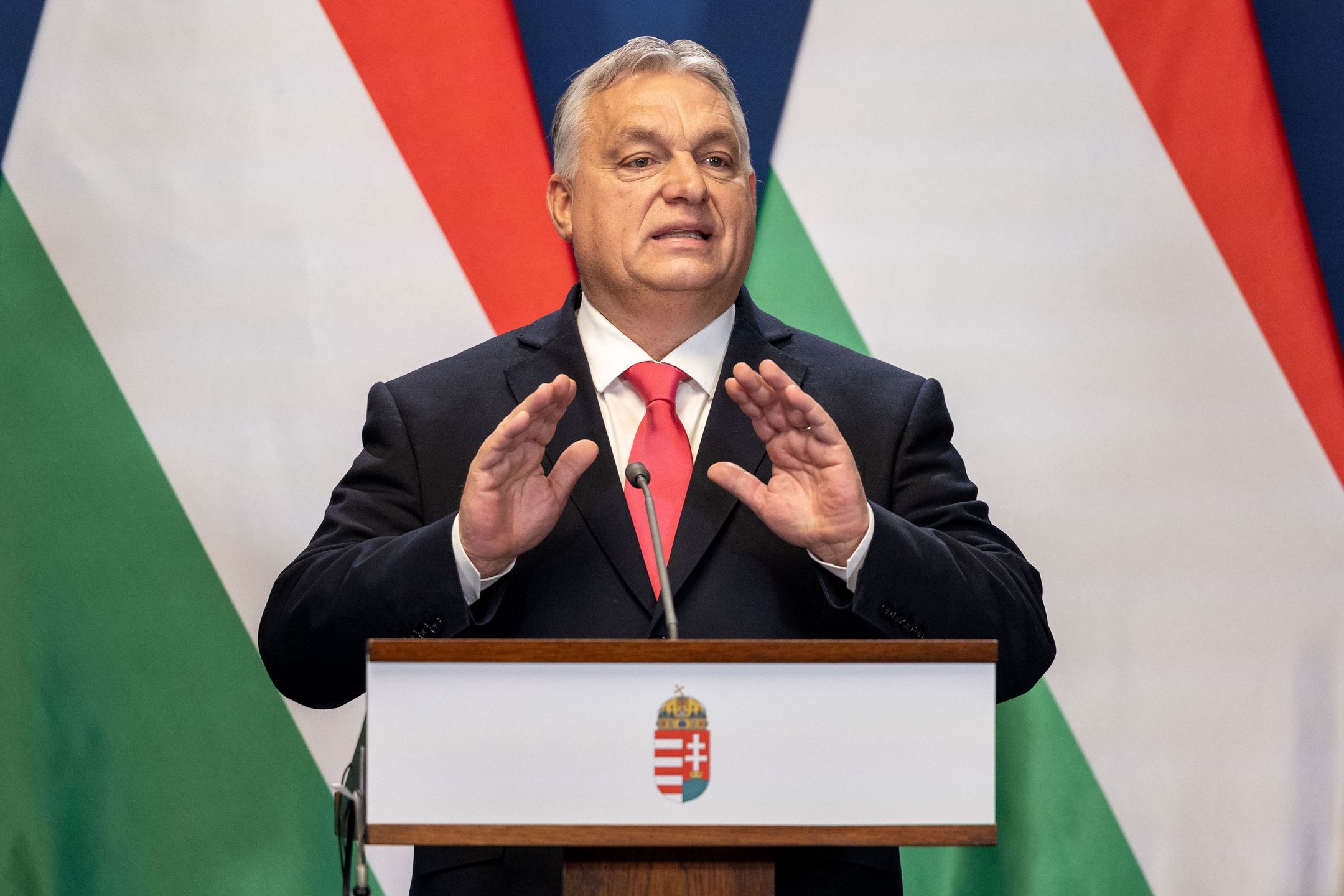BUDAPEST, HUNGARY - JANUARY 16: Viktor Orban, Hungary's prime minister, speaks during a news conference with Robert Fico, Slovakia's prime minister, not pictured on January 16, 2024 in Budapest, Hungary. Slovakia's recently elected populist prime minister visits his Hungarian counterpart in Budapest, his second official trip since taking office last September. (Photo by Janos Kummer/Getty Images)
