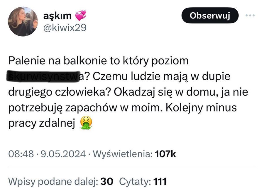 Czy na balkonie można palić? "W domu se pal śmierdzielu"