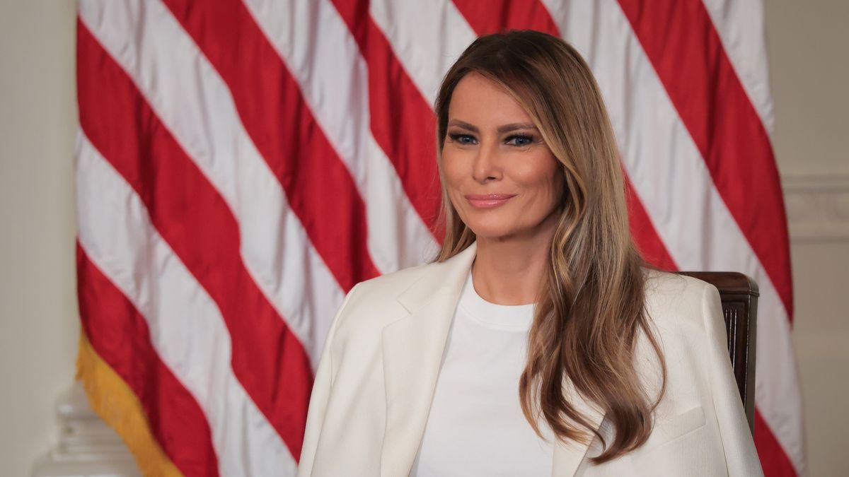 WASHINGTON, DC - MAY 08: U.S. first lady Melania Trump looks on during the unveiling of a U.S. Postal Service stamp honoring former first lady Barbara Bush in the East Room at the White House on May 08, 2025 in Washington, DC. The stamp honors Bush, whose husband was President George H.W. Bush, and son was President George W. Bush. Barbara Bush passed away in 2018 at the age of 92. (Photo by Kayla Bartkowski/Getty Images)