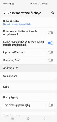 Ustawienia Androida Auto w smartfonie Samsung