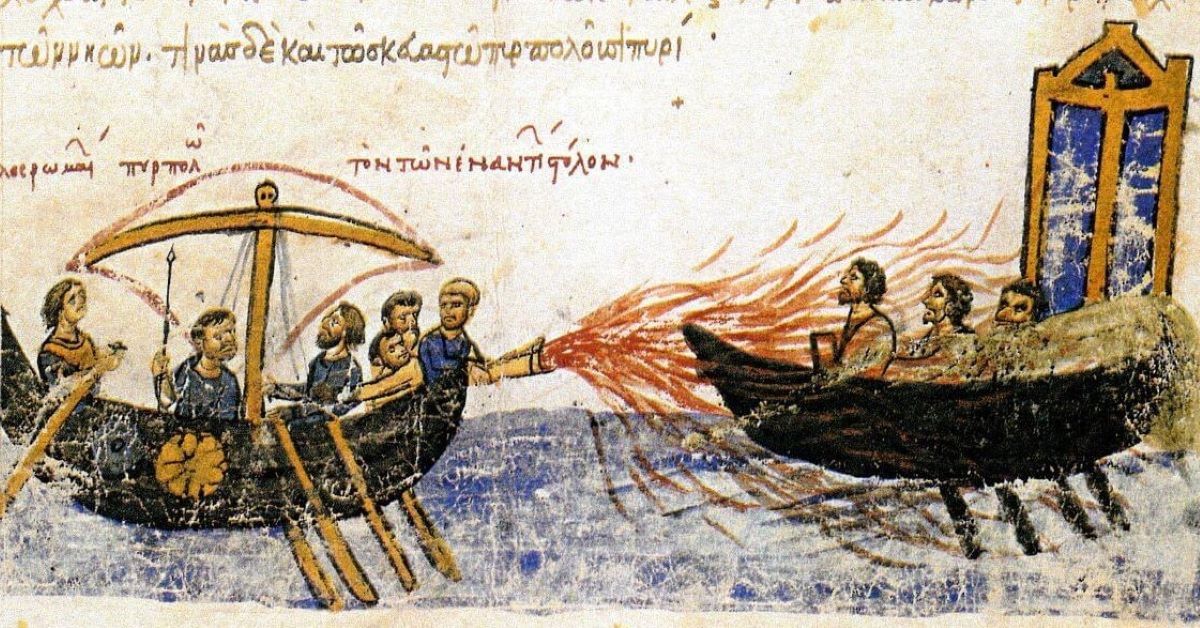 Ogień grecki. Ilustracja ze średniowiecznego rękopisu