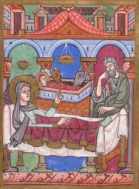 Scena narodzin Jezusa z niemieckiego lekcjonarza z początku XII 