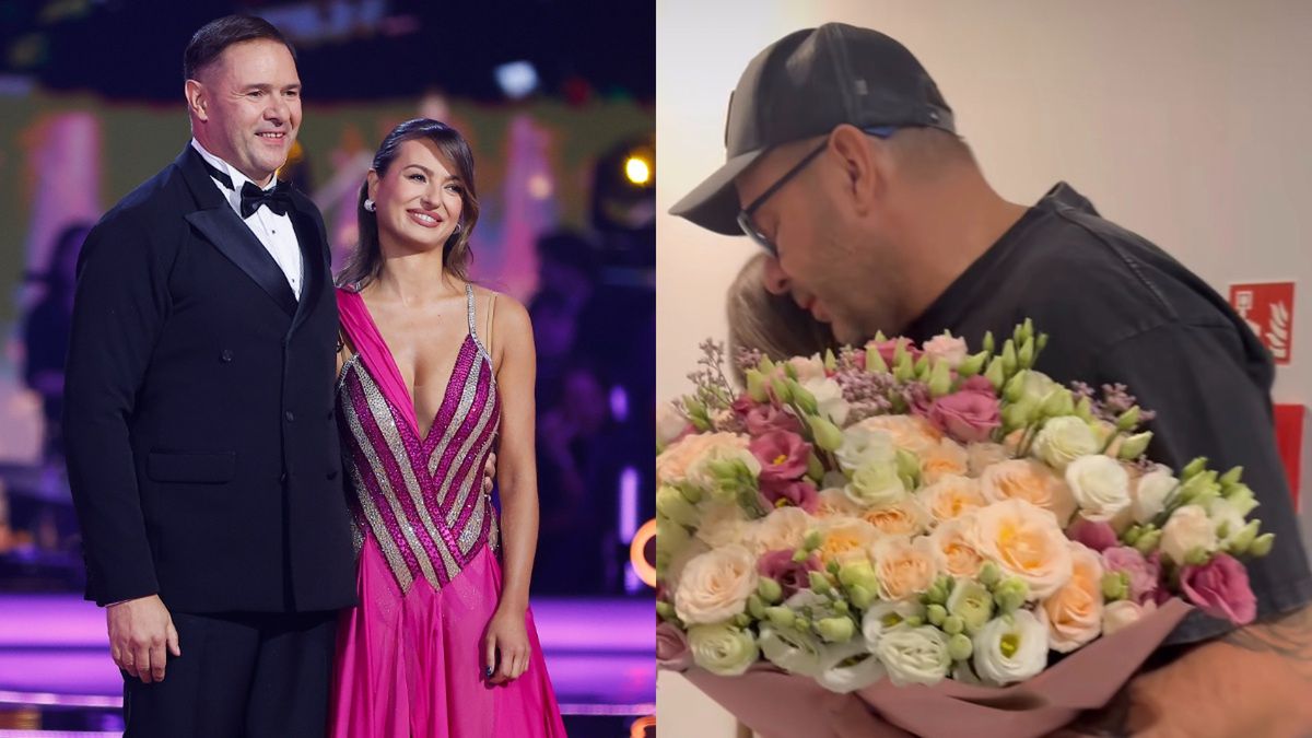 Tomasz Karolak obdarował Izabelę Skierską bukietem kwiatów