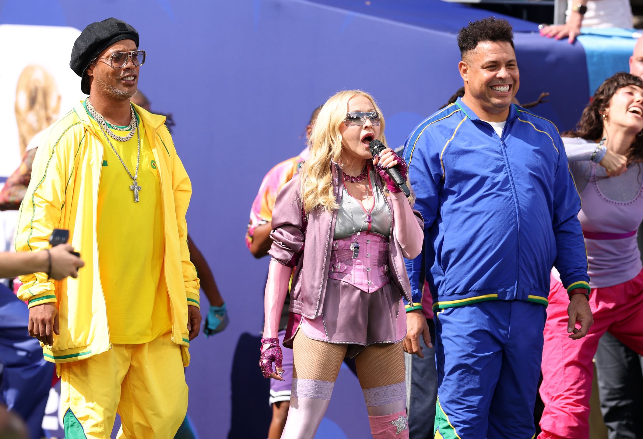 EAST RUTHERFORD, NEW JERSEY - JULY 19: Ronaldinho, Madonna and Ronaldo perform during the Topps Final Halftime Show in the FIFA World Cup 2026 Final match between Spain and Argentina at New York New Jersey Stadium on July 19, 2026 in East Rutherford, New Jersey. (Photo by Michael Regan - FIFA/FIFA via Getty Images)