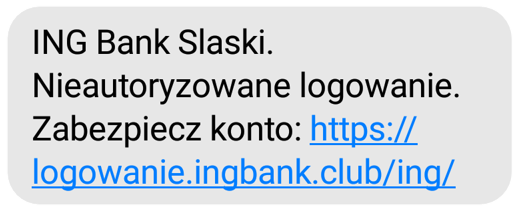 Przykład wiadomości SMS od oszustów, źródło: ING.