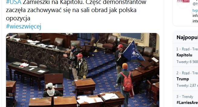 TVP Info krytykowane za porównanie uczestników zamieszek na Kapitolu do polskiej opozycji