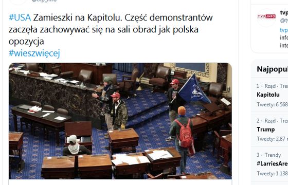 TVP Info krytykowane za porównanie uczestników zamieszek na Kapitolu do polskiej opozycji