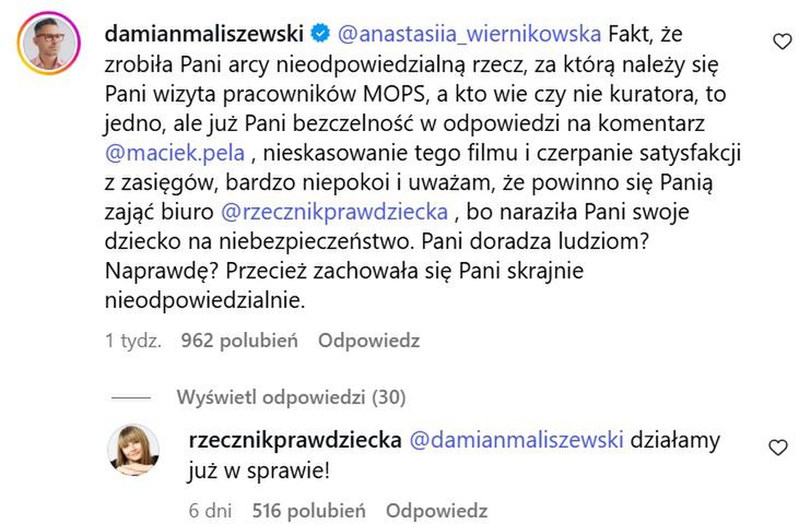 Komentarz Moniki Horny-Cieślak na Instagramie