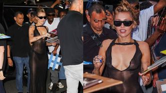 Miley Cyrus zaskoczyła fanów pod hotelem, gdzie paradowała w "nagiej sukni". Nie obyło się bez nawiązania do eksmęża