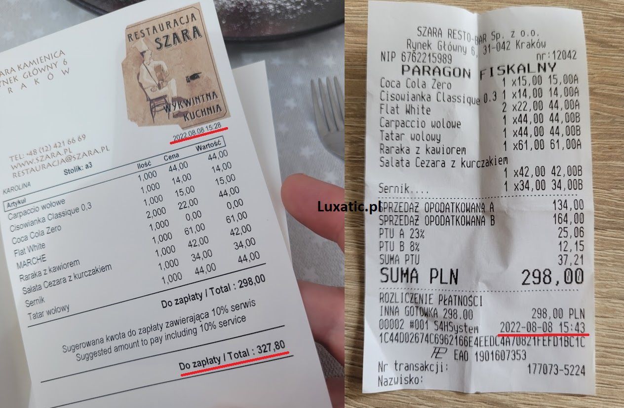 Rachunek z restauracji - Pyszności; Foto: Luxatic.pl