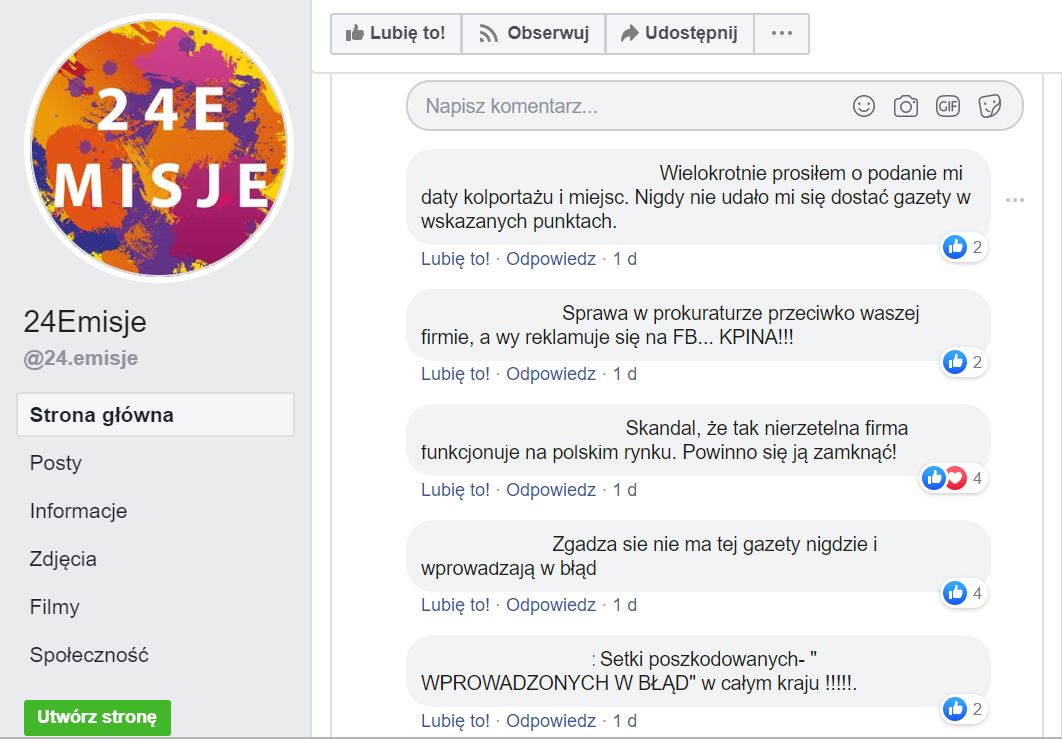 Profil społecznościowy firmy 24 Emisje jest pełen skarg od klientów. 