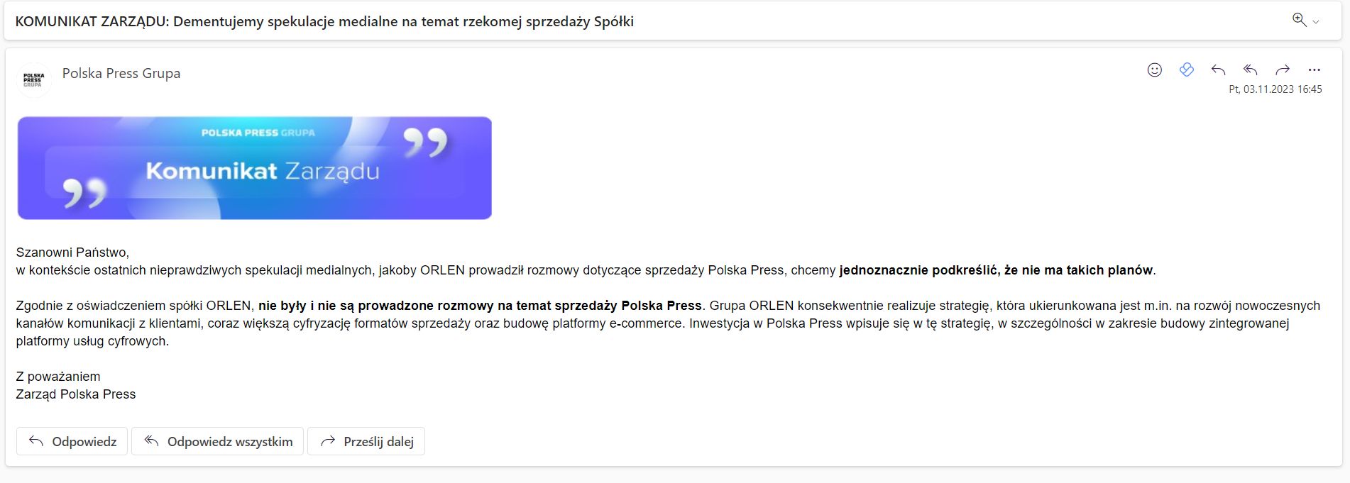 Treść e-maila wysłanego przez zarząd Polska Press do pracowników ws. doniesień o planach sprzedaży spółki