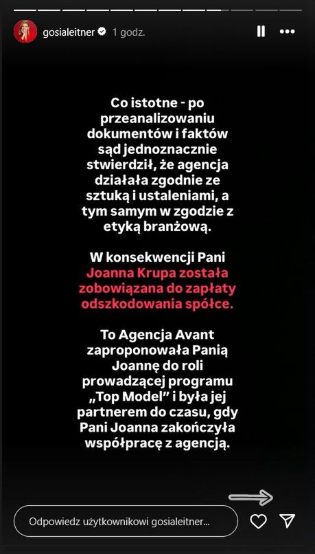 Oświadczenie Gosi Leitner w sprawie Joanny Krupy 
