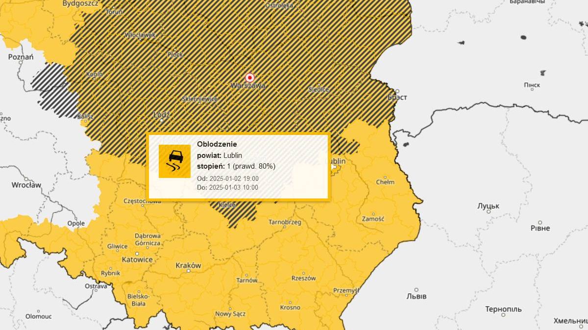 Ostrzeżenie IMGW przed oblodzeniem w Lublinie i woj. lubelskim - 2 stycznia 2025