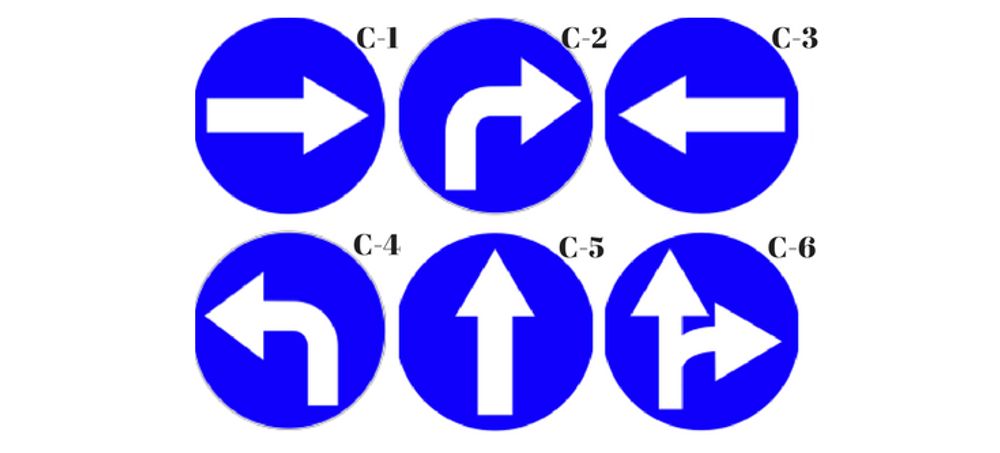 Nakaz jazdy w prawo przed znakiem (C- 1); Nakaz jazdy w prawo za znakiem (C- 2); Nakaz jazdy w lewo przed znakiem (C- 3); Nakaz jazdy w lewo za znakiem (C- 4); Nakaz jazdy prosto (C- 5); Nakaz jazdy prosto lub w prawo (C- 6).
