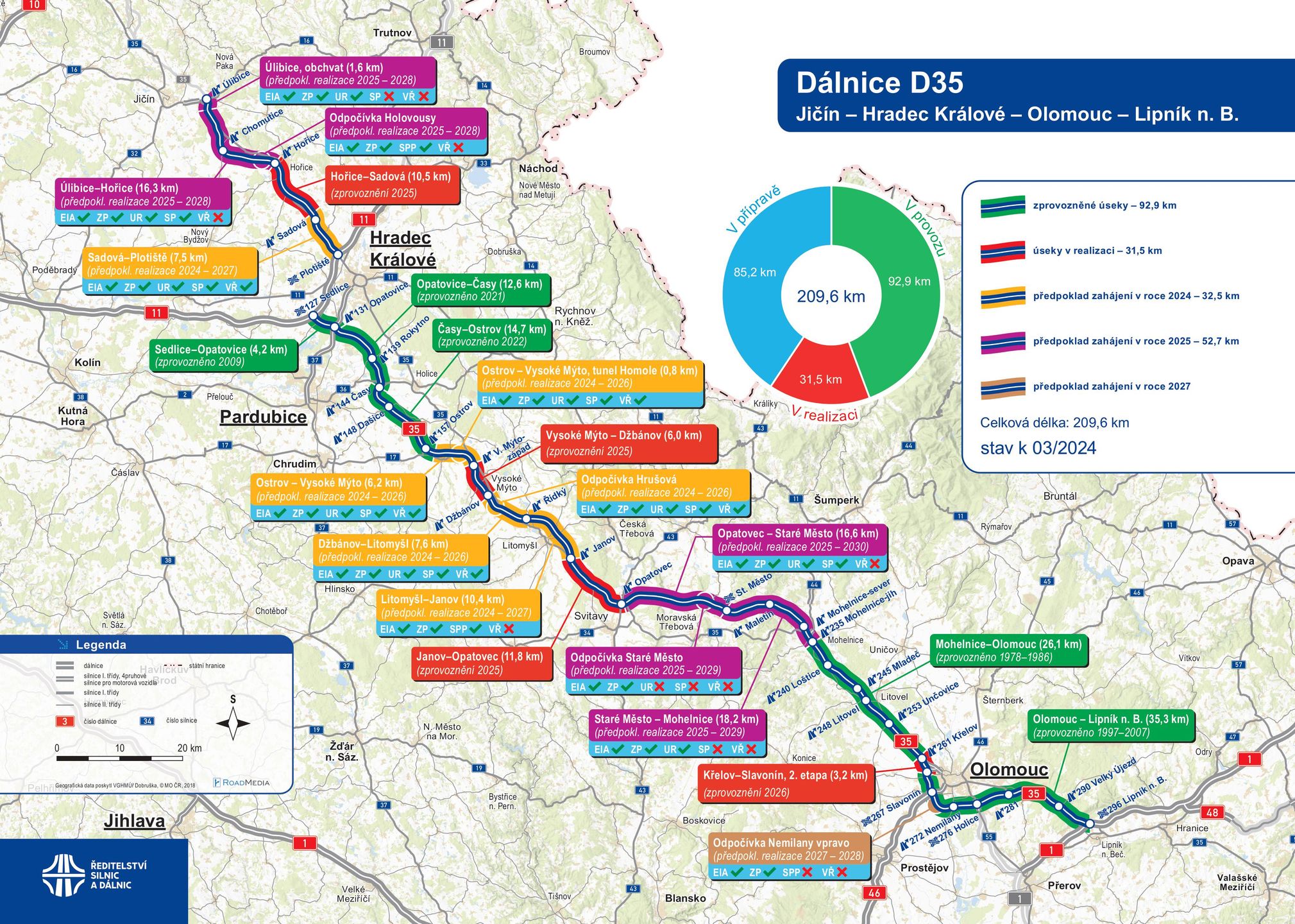 Mapa budowy autostrady D35 na wschód od Pragi