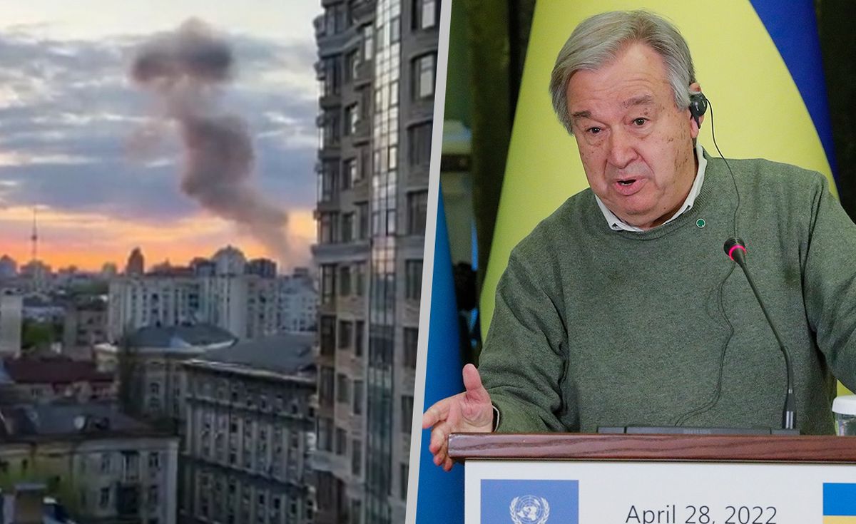 "Pocztówka z Moskwy?". Atak na Kijów rakietami w trakcie wizyty szefa ONZ 