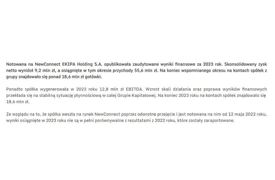 EKIPA Holding S.A. pochwaliła się zarobkami za cały 2023 r.