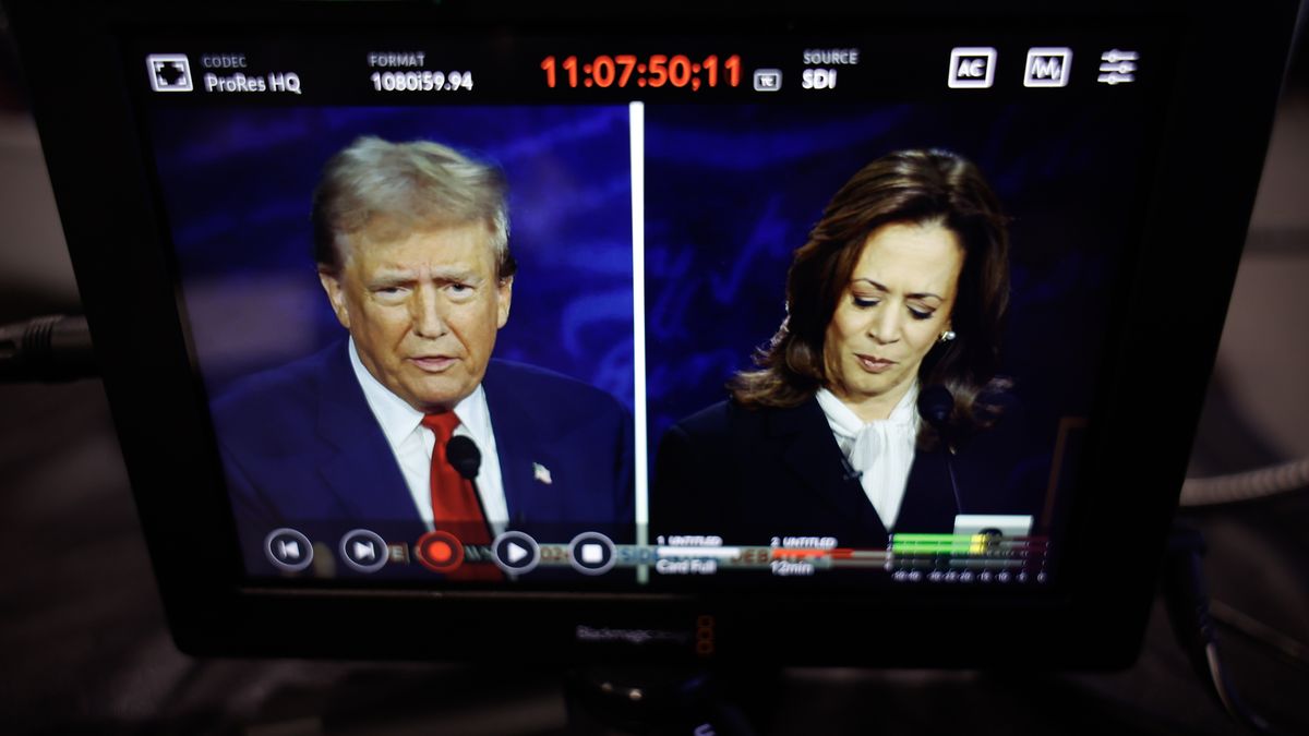 PHILADELPHIA, PENNSYLVANIA - SEPTEMBER 10: Republican presidential nominee, former U.S. President Donald Trump and Democratic presidential nominee, U.S. Vice President Kamala Harris are seen on a screen as they debate for the first time during the presidential election campaign at The National Constitution Center on September 10, 2024 in Philadelphia, Pennsylvania. After earning the Democratic Party nomination following President Joe Biden's decision to leave the race, Harris faced off with Trump in what may be the only debate of the 2024 race for the White House. (Photo by Kevin Dietsch/Getty Images)