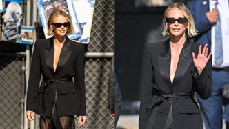 Wydekoltowana Charlize Theron odsłania długie nogi w drodze do studia Jimmy'ego Kimmela. Robi wrażenie?