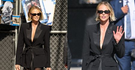 Wydekoltowana Charlize Theron odsłania długie nogi w drodze do studia Jimmy'ego Kimmela. Robi wrażenie?