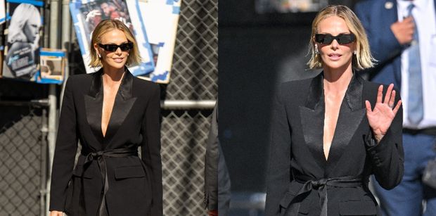 Wydekoltowana Charlize Theron odsłania długie nogi w drodze do studia Jimmy'ego Kimmela. Robi wrażenie?
