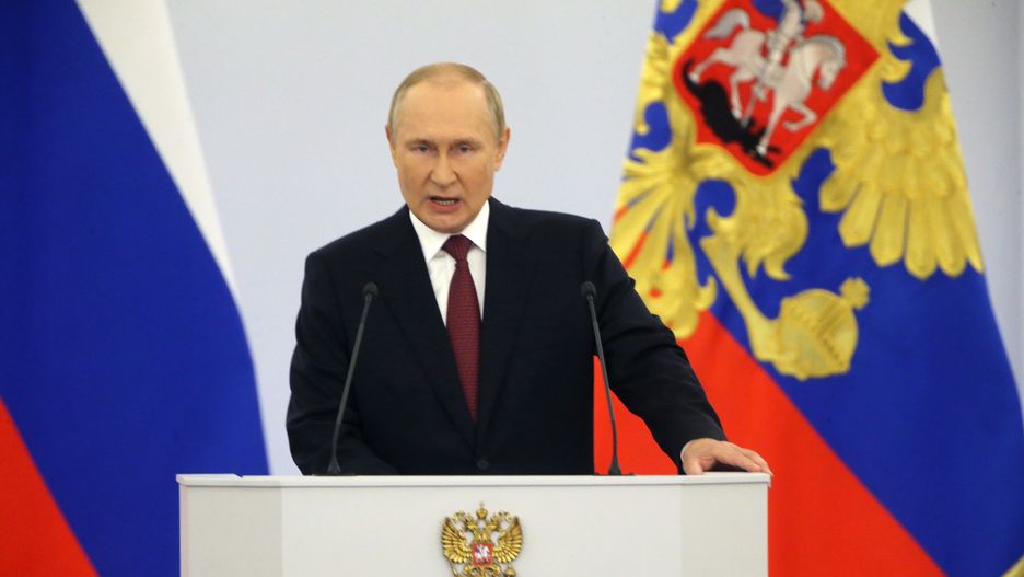MOSCOW, RUSSIA - SEPTEMBER 30 (RUSSIA OUT) Russian President Vladimir Putin speaks during the signing ceremony with separatist leaders on the annexation of four Ukrainian regions at the Grand Kremlin Palace, on September 30, 2022 in Moscow, Russia. Separatist leaders of annexed Donetsk, Lugansk, Kherson and Zaporizhzhya regions of Ukriane have arrived in Moscow to sign joint documents. (Photo by Contributor/Getty Images)