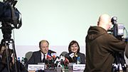 Jacek Rostowski oraz Jolanta Fedak podczas konferencji prasowej nt. wysokości składki emerytalnej przekazywanej do OFE