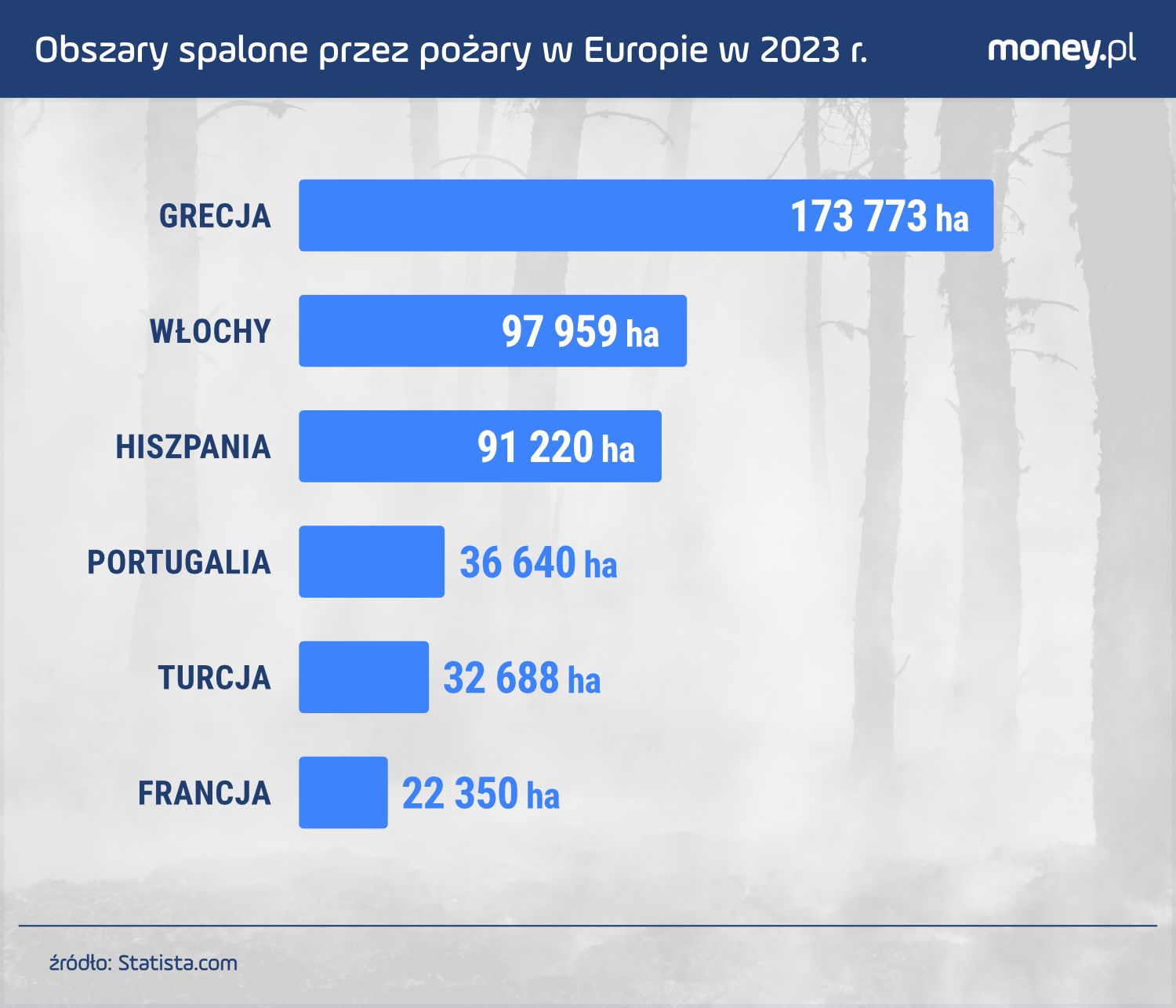 Obszary spalone przez pożary w Europie w 2023 r.