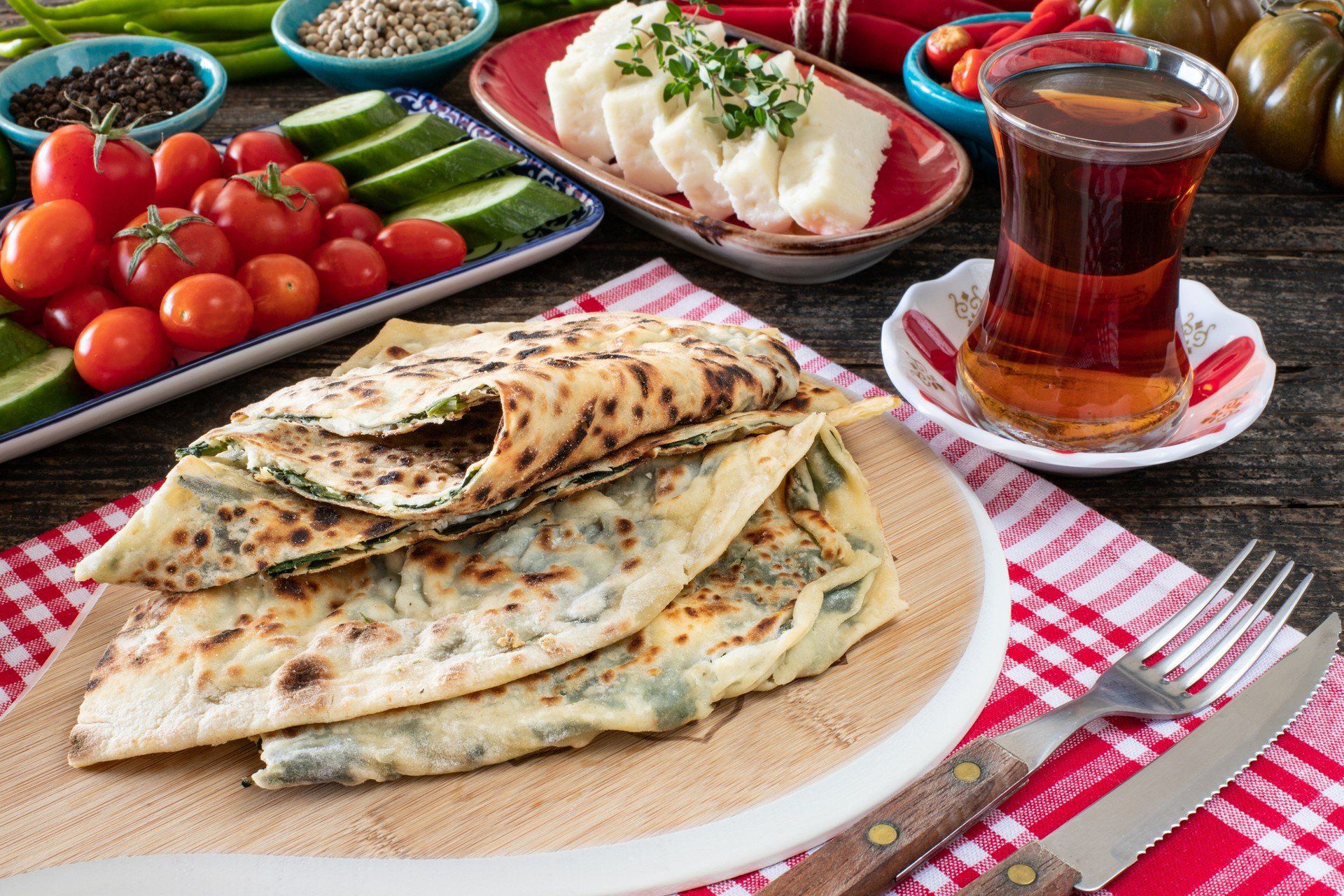 Traditional Turkish food, Turkish pancake gÃ¶zleme with cheese and herb.