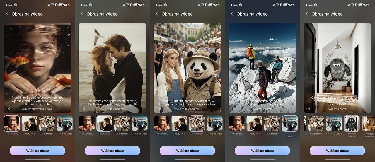 AI Image to Video 2.0 oferuje 15 różnych wersji klipów filmowych