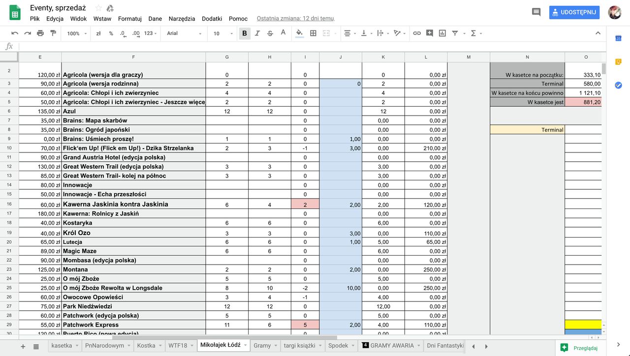 inwentaryzacja i rozliczenie sprzedaży w udostępnionym arkuszu Google