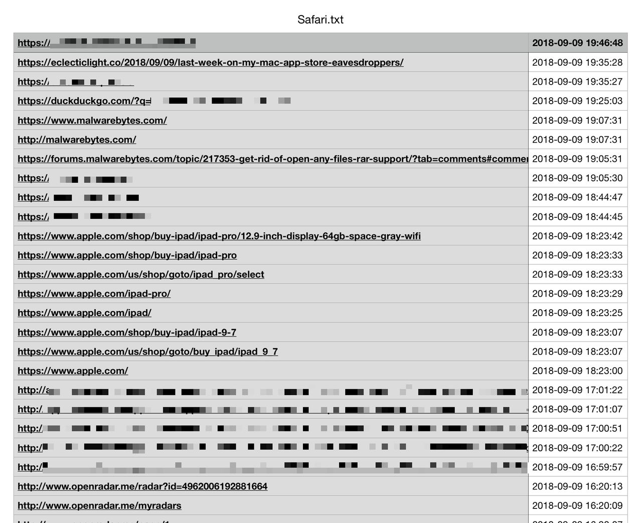 fragment historii przeglądarki wysyłany przez program, 9to5Mac