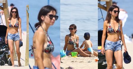 Skwaszona Marta Kaczyńska prezentuje szczupłą figurę na sopockiej plaży, pilnując synka, aby nie zabierał dzieciom zabawek (ZDJĘCIA)