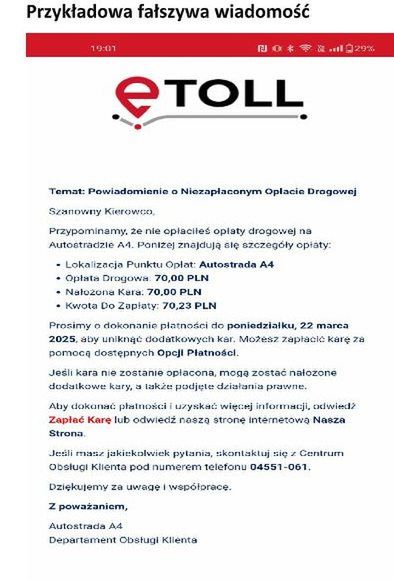Uwaga na fałszywe wiadomości e-mail wzywające do płatności w e-TOLL