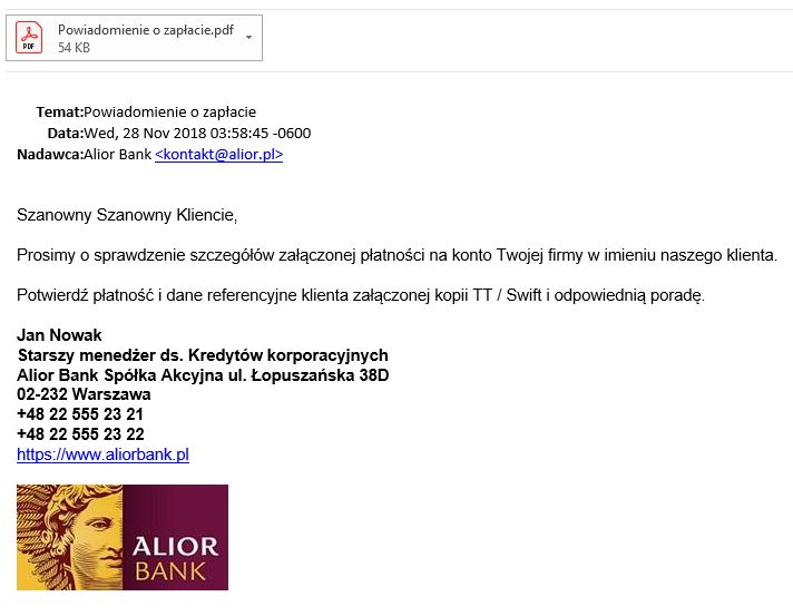 Fałszywa wiadomość e-mail.