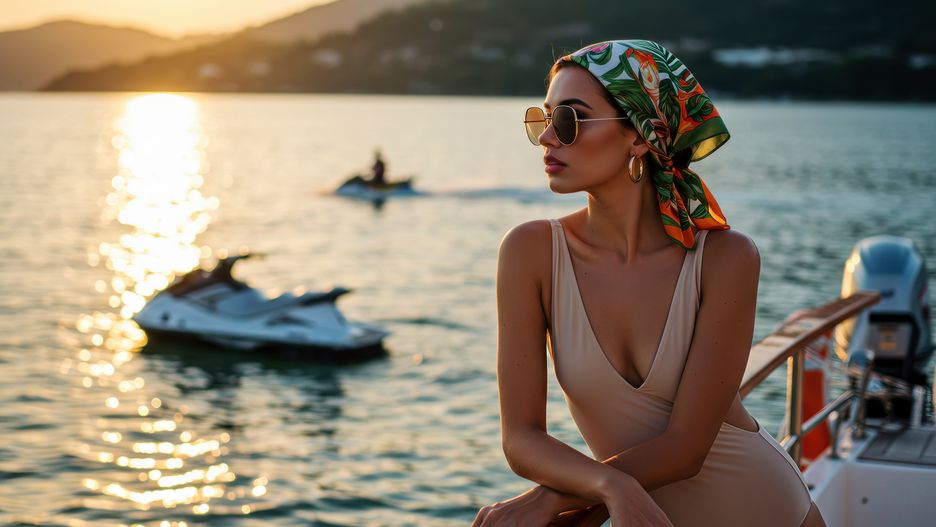 luxury lifestyle, relax, view, boat, woman, serene, travel, rich, golden hour, tranquil, coastal, luxury, fashion, ocean, scenic, glamour, wealth, vacation, jet ski, style, freedom, happy, girl, elegant, sunshine, summertime, sea, swimsuit, headscarf, escape, enjoy, water, beautiful, sunglasses, model, sunset, seascape, yacht, sun, holiday, summer, peaceful, cruise