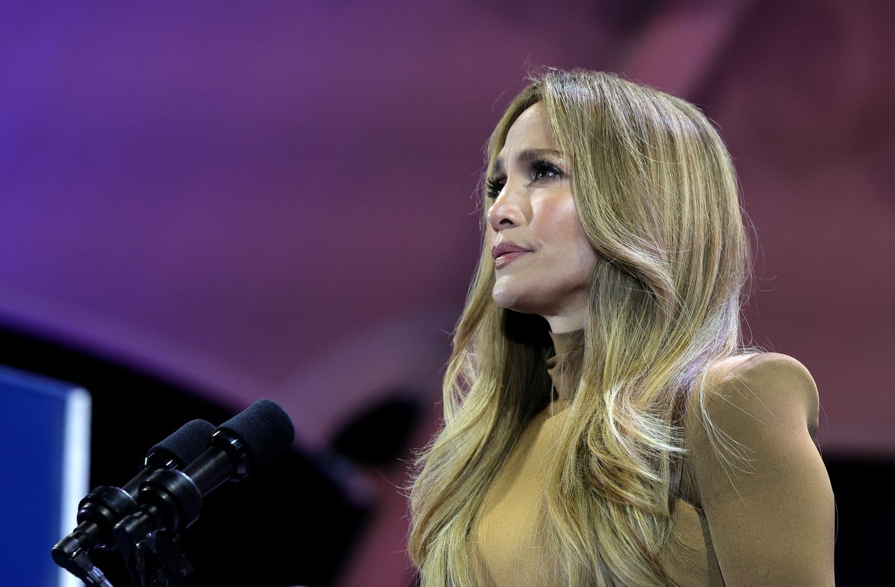 NORTH LAS VEGAS, NEVADA - OCTOBER 31: Jennifer Lopez speaks at a "When We Vote We Win" campaign rally for Democratic presidential nominee and U.S. Vice President Kamala Harris at Craig Ranch Amphitheater on October 31, 2024 in North Las Vegas, Nevada. With five days to go until Election Day, Harris is campaigning in Arizona and Nevada. (Photo by Ethan Miller/Getty Images)