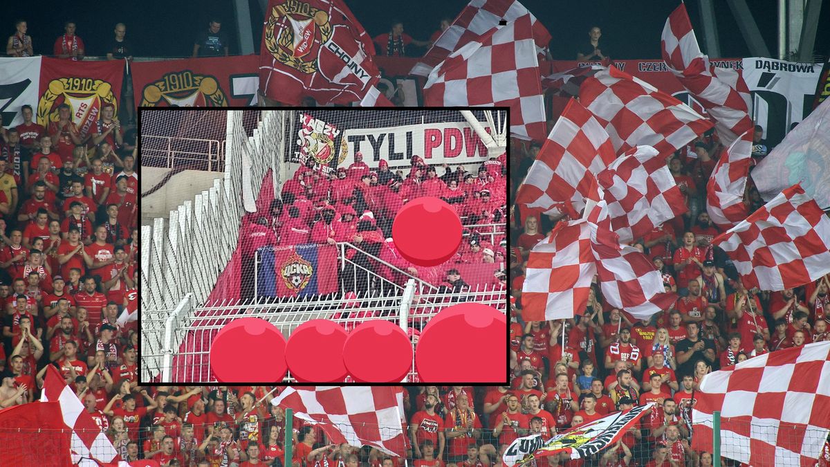 Kibice Widzewa Łódź W ramce flaga CSKA Moskwa na trybunie kibiców Widzewa
