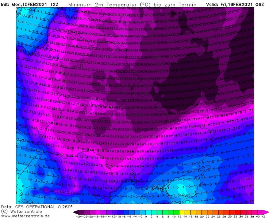 Nad Polskę zmierza ostatnia tej zimy fala siarczystego mrozu (Źródło: Wetterzentrale.de)