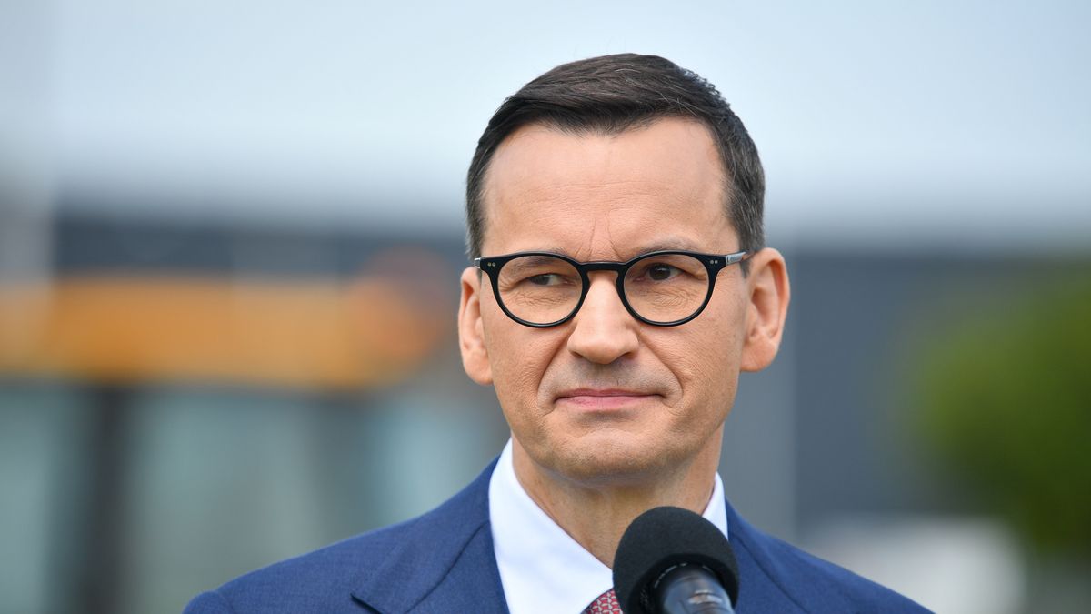 Radom, 29.05.2023. Premier Mateusz Morawiecki podczas konferencji prasowej w Centrum Informatyki Resortu Finansów w Radomiu, 29 bm. (amb) PAP/Piotr Polak