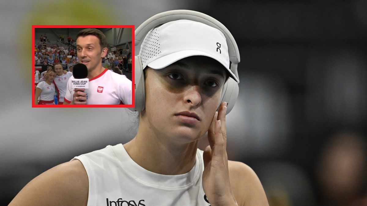 Na zdjęciu: Iga Świątek, w ramce Dawid Celt udzielający wywiadu