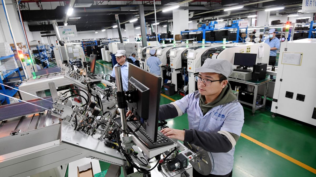ZHANGJIAKOU, CHINA - JANUARY 30, 2023 - Workers work on a chip detection production line at Bluebird Fire Protection Co LTD in Zhuolu Economic Development Zone, North China's Hebei province, Jan 30, 2023. (Photo credit should read CFOTO/Future Publishing via Getty Images)