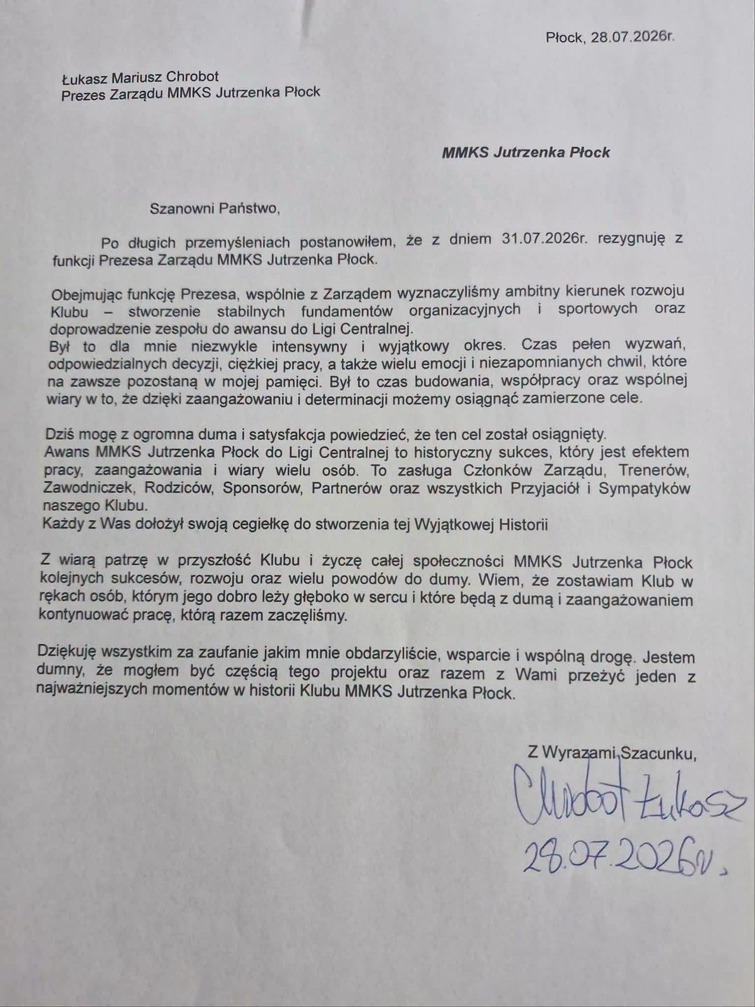 Decyzja o ustąpieniu z funkcji prezesa 