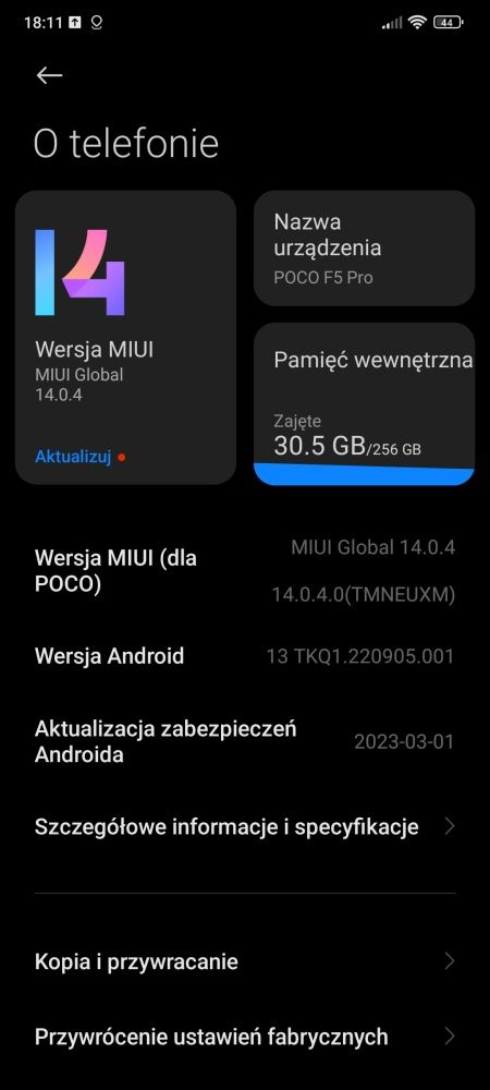 System zajmuje około 28 GB z 256 GB pamięci po pierwszym uruchomieniu telefonu
