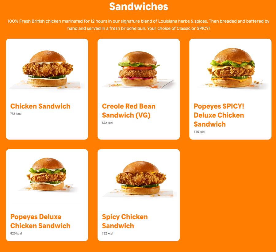 Menu Popeyes w Wielkiej Brytanii