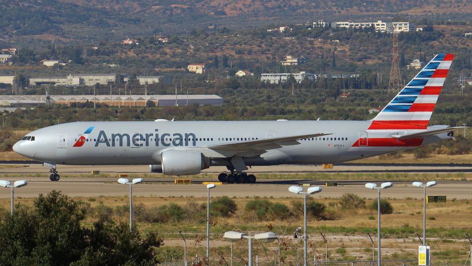 American Airlines Boeing 777-200 aircraft as seen taxiing after landing at Athens International Airport ATH LGAV in the Greek capital. The wide-body airplane arrived after a transatlantic flight from New York JFK in the USA. The passenger plane has the registration N761AJ and is powered by 2x RR jet engines. American Airlines is the worlds largest airline by fleet size and passengers carried. The airline has headquarters in Fort Worth Texas and is a member of Oneworld aviation alliance group. Athens airport had an increased number of transatlantic flights in 2021 connecting to the United States despite the Covid-19 Coronavirus pandemic. Athens, Greece on September 25, 2021 (Photo by Nicolas Economou/NurPhoto via Getty Images)