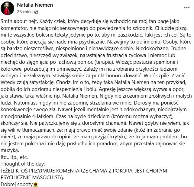 Natalia Niemen znów uderza w hejterów