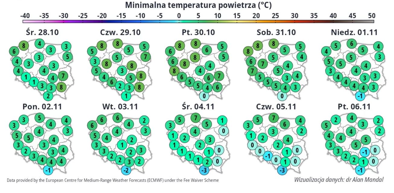 Prognozowane minimalne temperatury powietrza.