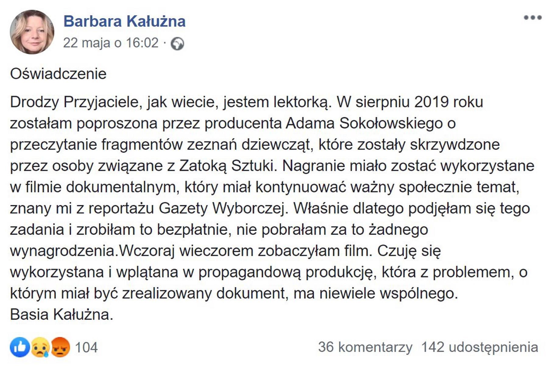 Oświadczenie Barbary Kałużnej
